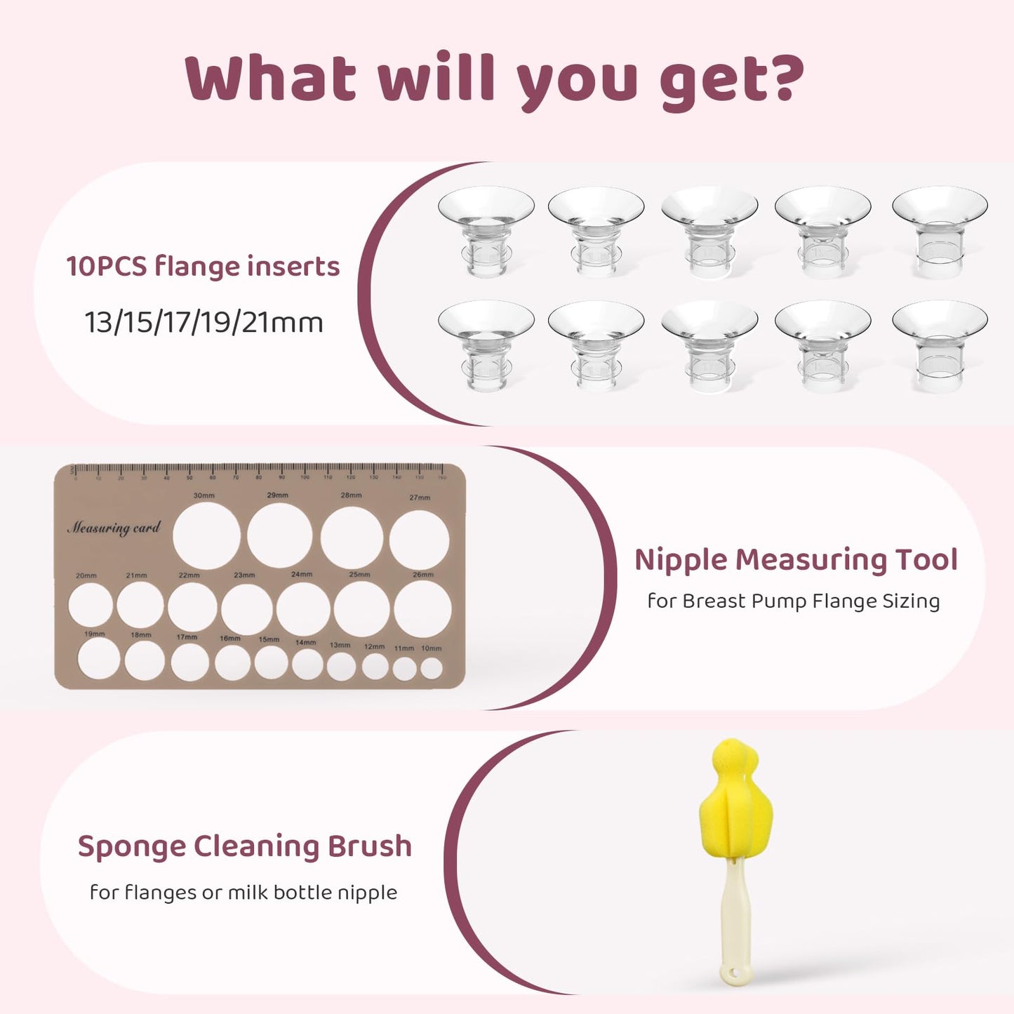Nursi Luna Flange Sizing Kit 3 In 1 Ultimate With 10Pcs Flange Inserts 13/15/17/19/21Mm, Nipple Ruler, Cleaning Brush, Silicone