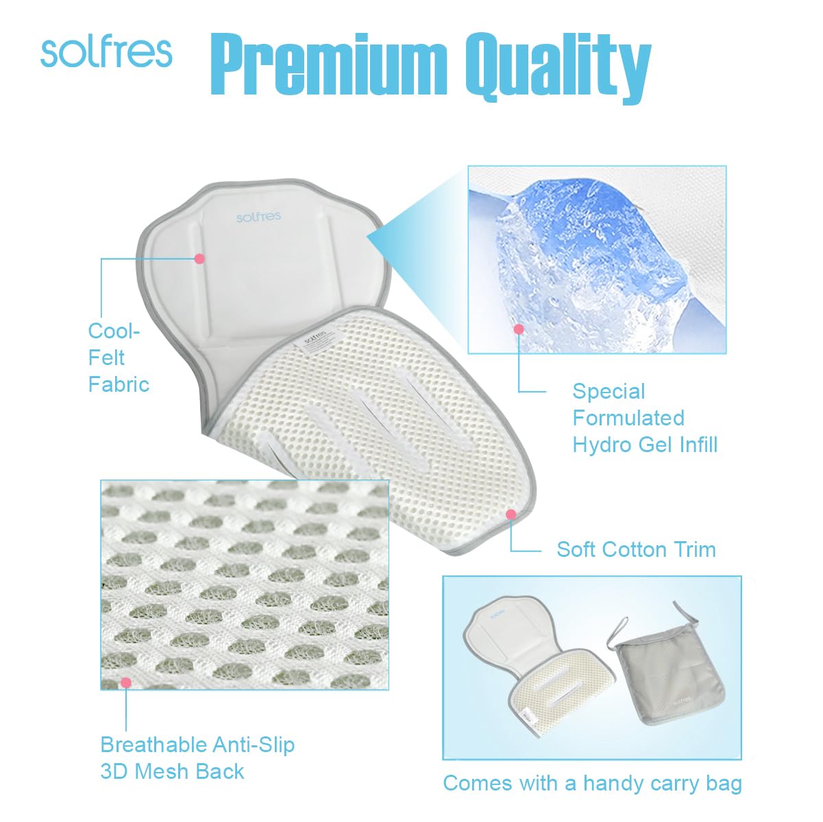 Solfres Hydro Gel Car Seat Cooler Mat For Baby. No Refrigeration Needed. Carseat And Stroller Cooling Pad Cushion Liner With Bre