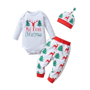 Newborn Infant Baby Boy Clothes Long Sleeve My First Christmas Romper + Pants + Hat 3Pcs Outfits Set (0-3 Months) White And Red