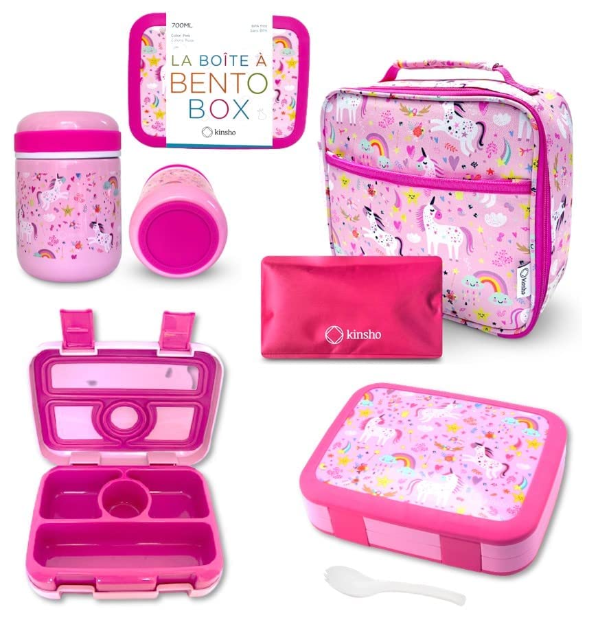 Kinsho Bento Lunch Box For Kids With Thermal Food Jar For Hot Food Soup, Insulated Lunch Bag And Ice Cold Pack Set, Stainless St