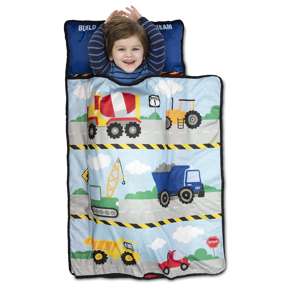 Funhouse Construction Area Trucks Kids Nap Mat Set - Includes Removable Pillow and Fleece Blanket - Great for Boys Napping Durin