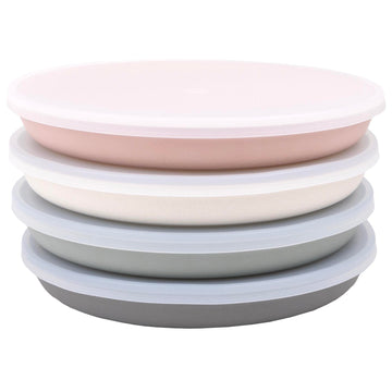 Weesprout Bamboo, Silicone, Melamine Dishware Plate With Lids, Set Of 4, Kid-Sized Design For Leftovers, Dishwasher Safe (Pink,