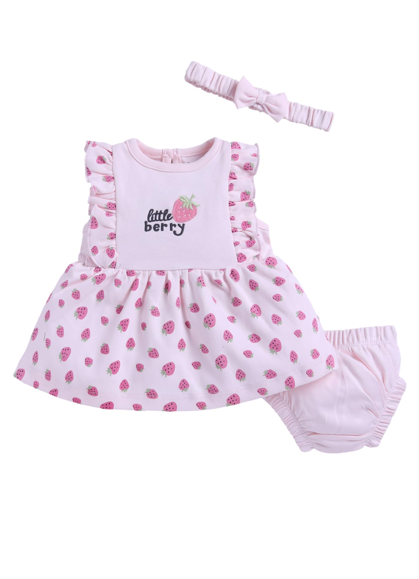 Smart Baby little Berry 3Piece Frock Set With Bloomer & Headband  Pink Strawberry Print