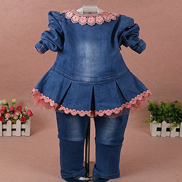 Yao 6M-4Y Infant 3Pcs Baby Girls Clothes Set Toddler Outfits Lace Dress Jacket And Jeans (1-2Y,Flower-Orange)