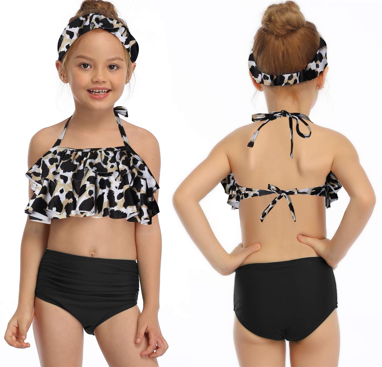 2Pcs Mommy And Me Matching Family Swimsuit Ruffle Women Swimwear Kids Children Toddler Bikini Bathing Suit Beachwear Sets (Leopa