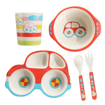 5 Piece Bamboo Dinnerware For Kids, Toddler, Car Plate And Bowl Set, Eco Friendly And Dishwasher Safe, Great Gift For Birthday,
