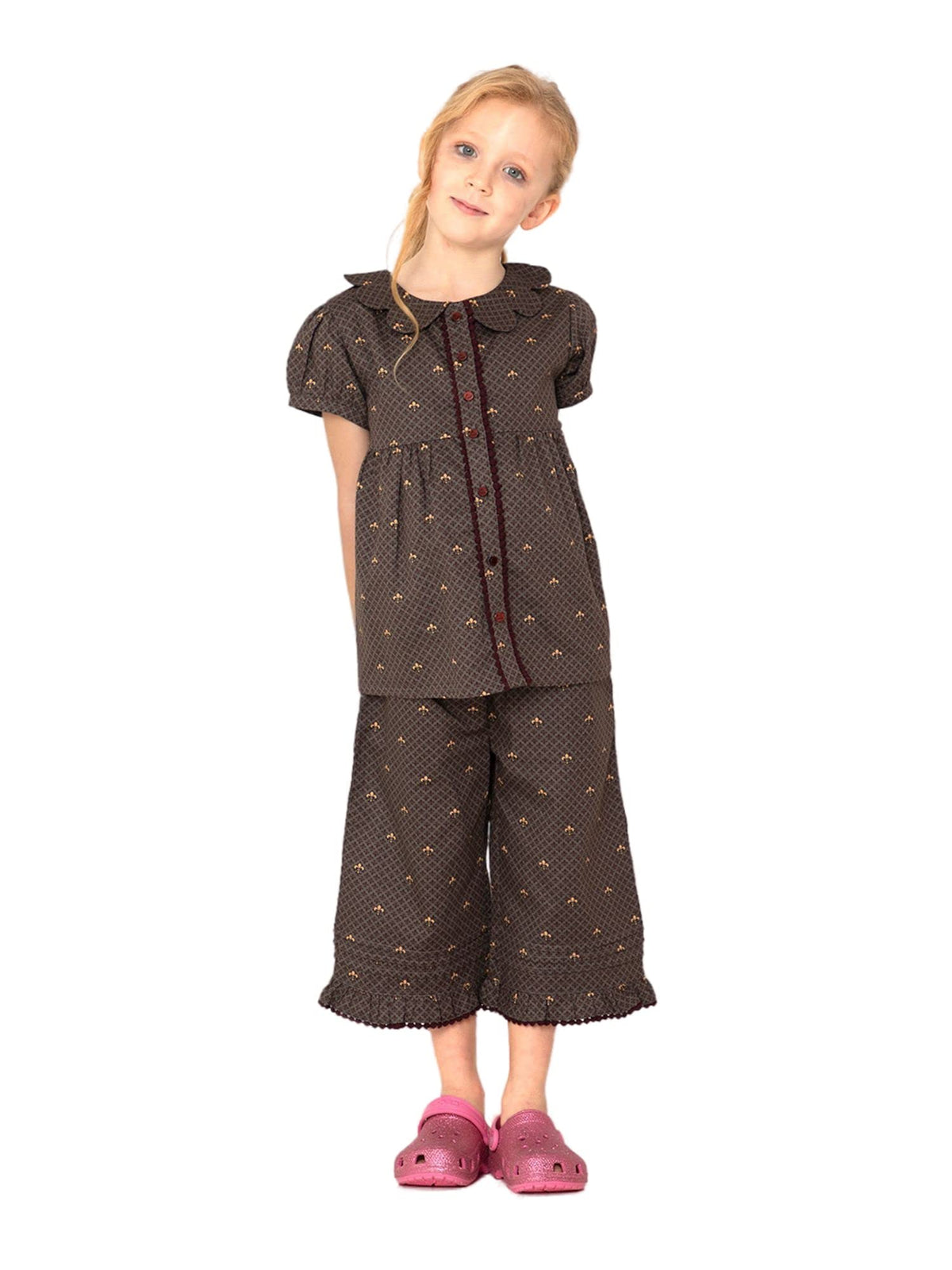 Cherry Crumble Brown Floral Printed 100% Cotton Short Sleeves Boat Neck Night Wear Loose Fit Summer Nightsuit for Girls