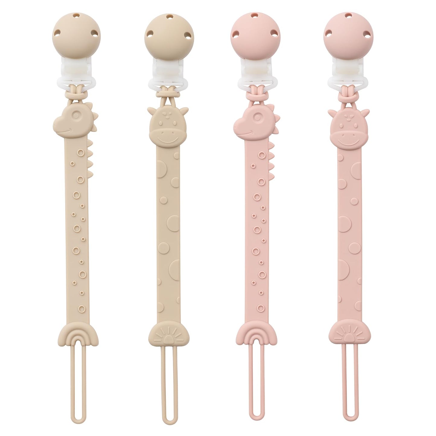 Yiveko Pacifier Holder Clips For Baby - Silicone Paci Binky Clips 4Pcs - Animal Design Rainbow-Ivory+Blush