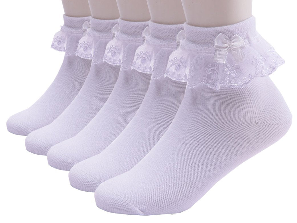 Xiyadun 5 Pairs Toddler Baby & Child Girls Ruffle Lace Ankle Cotton Dress Socks (S For 1-2 Years, Ruffle White)