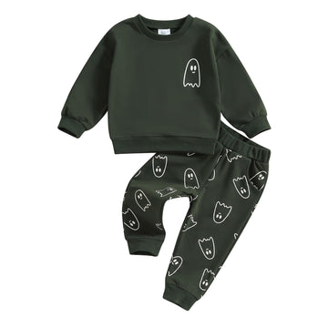 Toddler Baby Girl Boy Halloween Clothes Pumpkin Shirt Ghost Sweatshirt Pants Fall Outfit Baby Halloween Costumes (Dark Green Gho