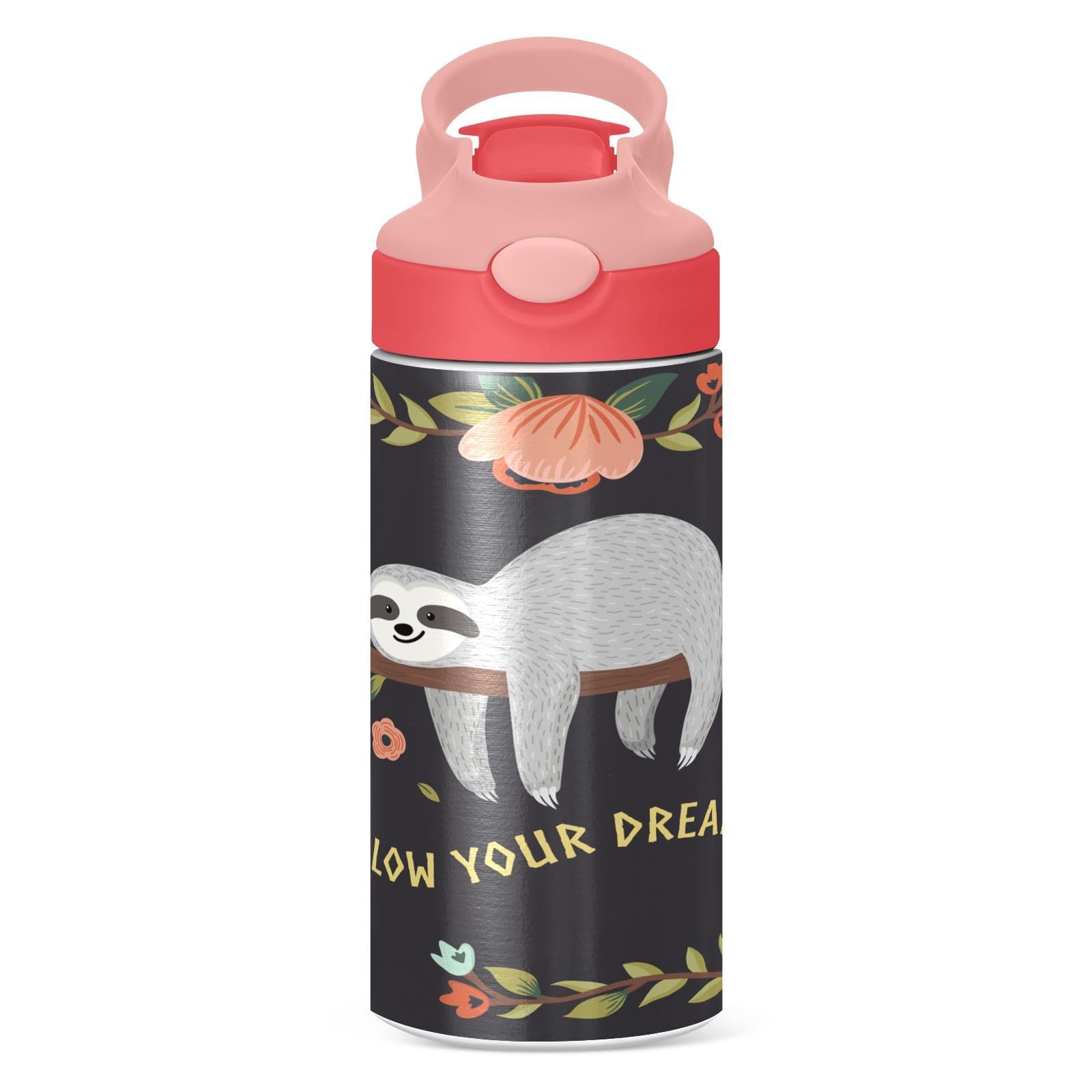 Cute Sloth Kids Water Bottle with Straw and Carry Handle Follow Your Dreams Vacuum Insulated Stainless Steel Bottles Leak-Proof 