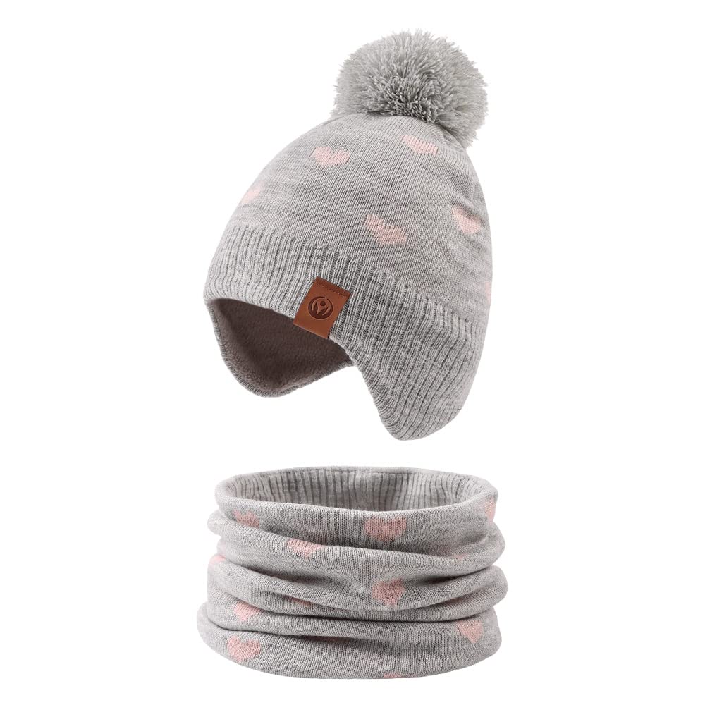 Knitted Pink Baby Hat Scarf Set Winter Warm Girls Beanie Fleece Lining Toddler Kids Hat With Pompom (Gray Heart Hat Scarf,L)