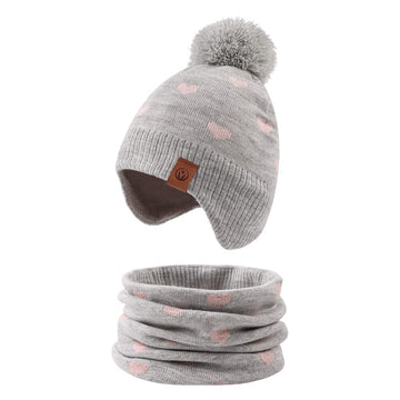 Knitted Pink Baby Hat Scarf Set Winter Warm Girls Beanie Fleece Lining Toddler Kids Hat With Pompom (Gray Heart Hat Scarf,L)