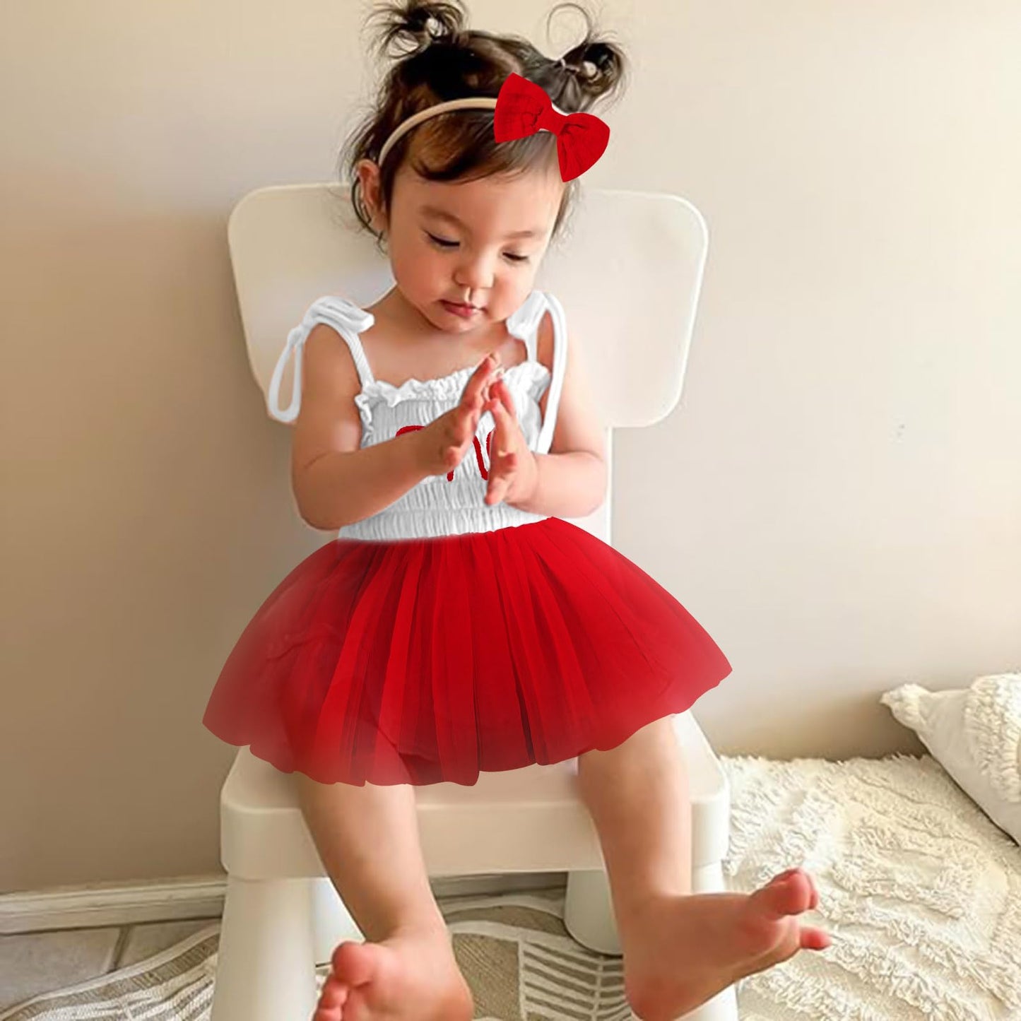 Titkkop Baby Girl 1St Birthday Clothes One Year Old Tulle Romper Sleeveless Bodysuit Cake Smash Outfits(Red-White,12-18M)