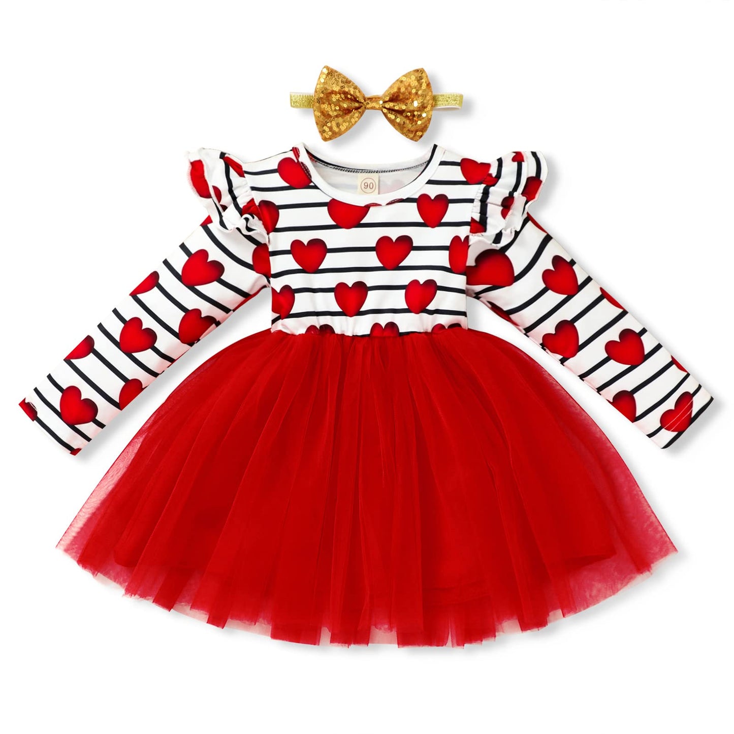 Baby Girls Valentine'S Day Outfits Long Sleeve Stripe Heart Print Tutu Skirts Ruffle Dress Toddler Girl Clothes(Red,1-2T)