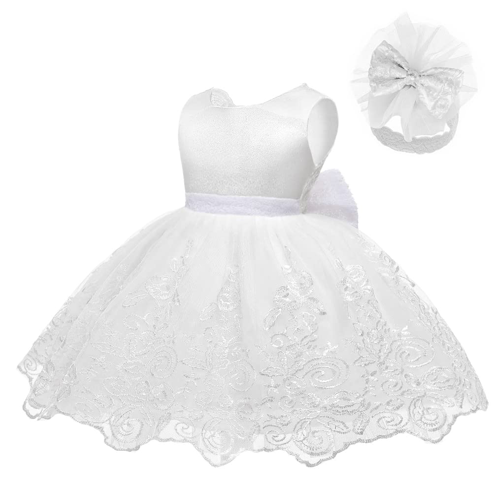 Lzh Baby Girls Lace Embroidery Dress Bowknot Party Dress Bridesmaid Wedding Gown With Headwear A-White