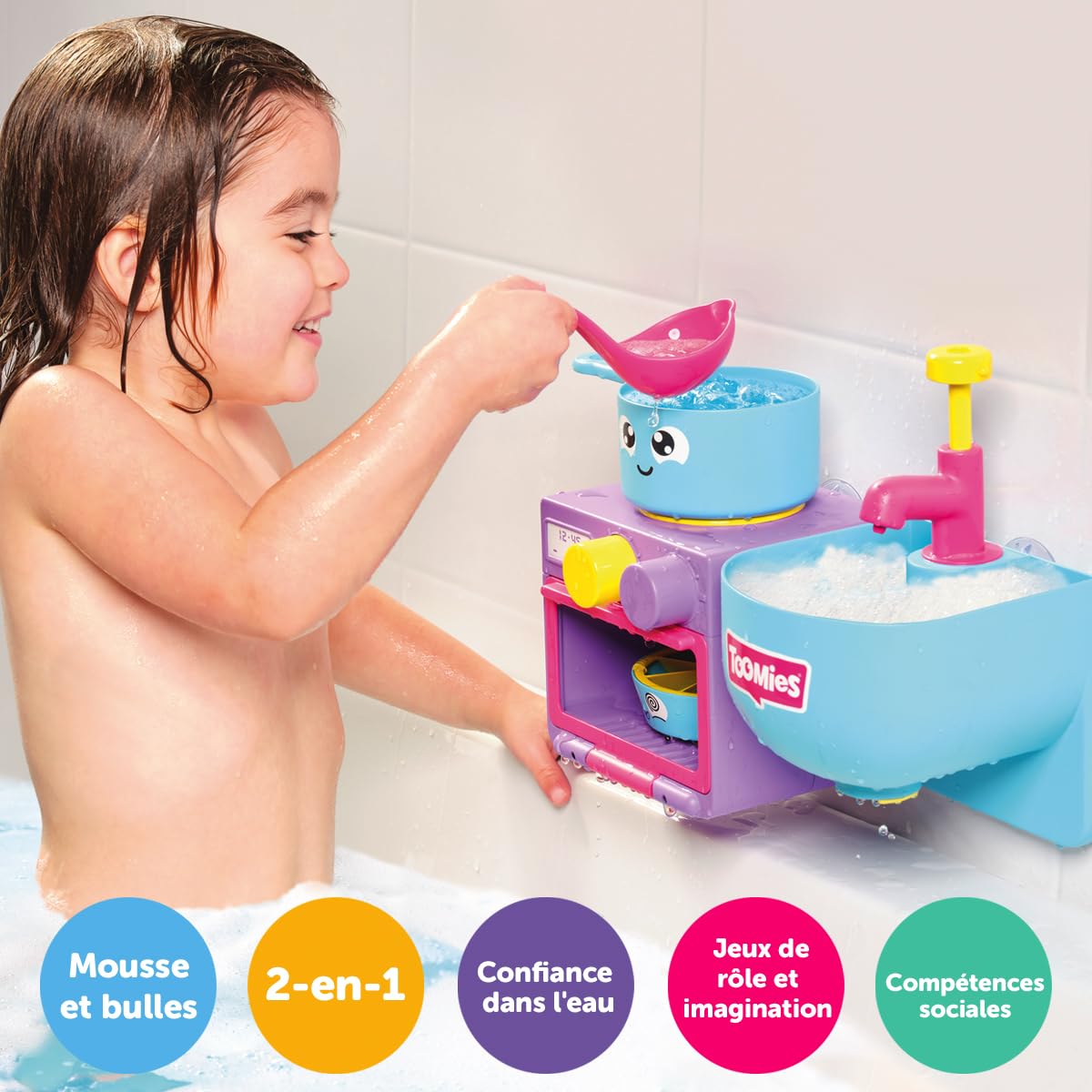 Toomies E73264 Bubble & Bake Bathtime, Bath Toddlers, Kitchen Themed Bubble Making Toy, 2 in 1 Set, Kids Water Play Suitable for