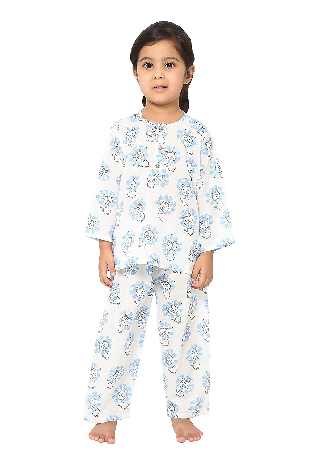 Chheent Cotton Cartoon Printed Night Dress Suit Sleep Wear for Girls Kids | Blue Lion (45 Years)