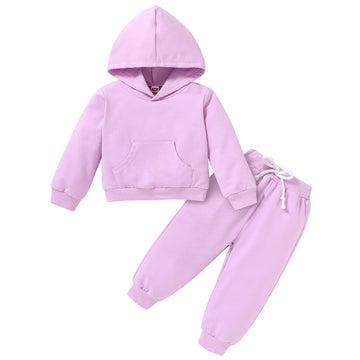 Happy Town Toddler Fall Outfits For Girl Boy Long Sleeve Hoodie Top And Long Sweatpants Set Toddler Sweatsuit (Solid Color-Lilac