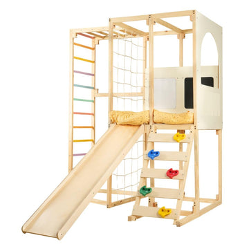 Curious Cub Playloft 8 In 1 Jungle Gym For Kids Indoor | Slide For Kids, Ladder, Drawing Board, Monkey Bars |Rock Climbing At Ho