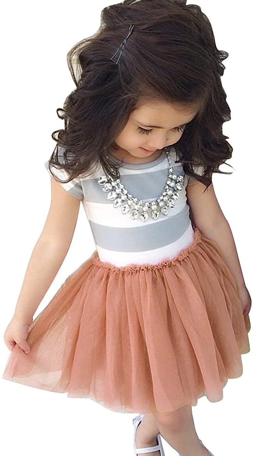 Baby Toddle Girls Tutu Dress Short Sleeves&Sleeveless Stripe Tulle Skirts A-Line Dress (Lotus Root Pink, 4T)