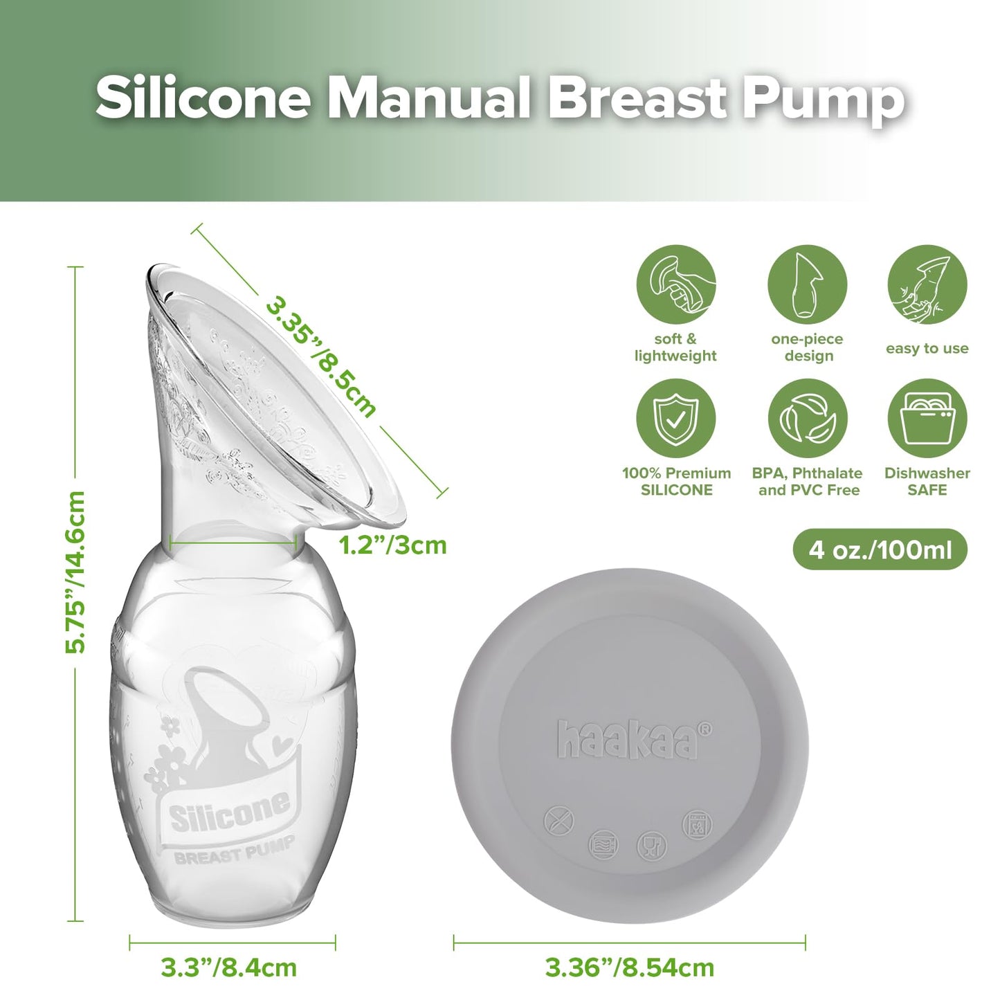 Haakaa Manual Breast Pump Breastfeeding Pump With Food Grade Silicone Cap (Grey) 4Oz/100Ml