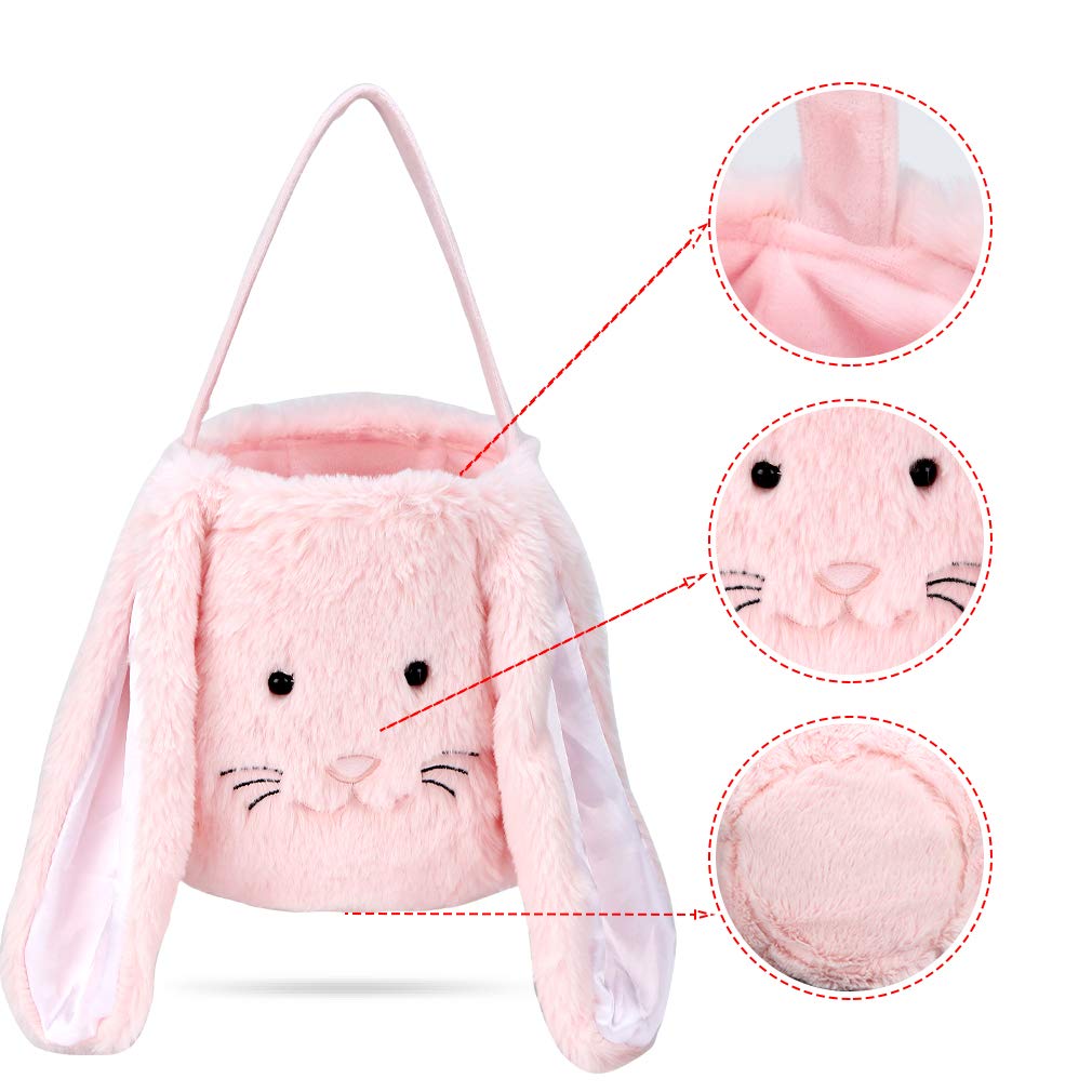 Plush Easter Bunny Basket For Kids Boys Girls Easter Buckets With Long Plush Ear Personalized Egg Hunting Easter Tote Bags For E