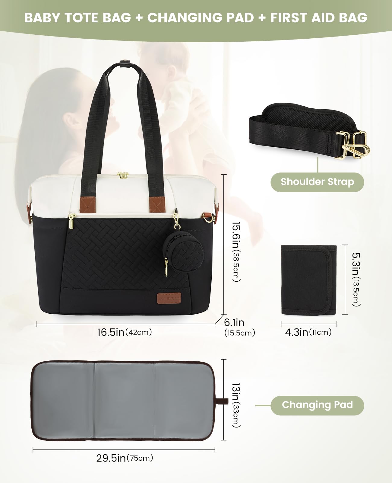 Lovevook Diaper Bag, Large Baby Tote With Changing Pad And First Aid Bag, Black/Beige/Brown