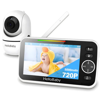 Hellobaby Monitor- 5 720P Hd Display 5000Mah Long Battery, Remote Pan-Tilt-Zoom Video Baby Monitor With Camera And Audio No Wifi