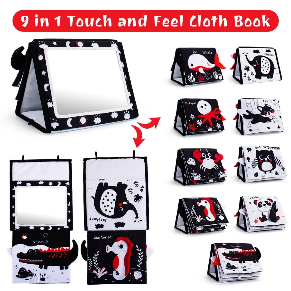 Oarifun Tummy Time Mirror, Baby Tummy Time Toys with Soft Book, Black and White High Contrast Baby Toys, 3D Activity Sensory Mon