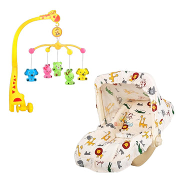 Babygo 5-In-1 Carry Cot With Rocking Chair, Large Canopy & Mosquito Net (Beige) + Rotating Giraffe Musical Mobile (Yellow) | New