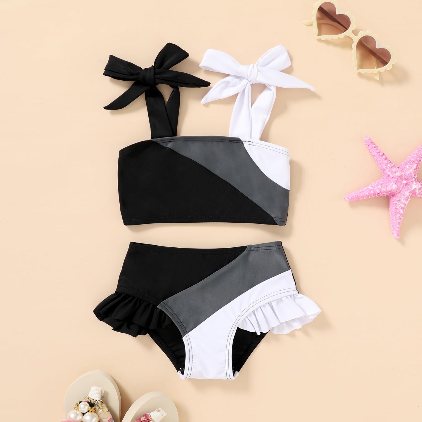 Younger Tree Toddler Girls Two Pieces Swimsuit Color Block Stripe Swimwear Summer Beach Bathing Suit 18M-5T(Black#White 12-18 Mo