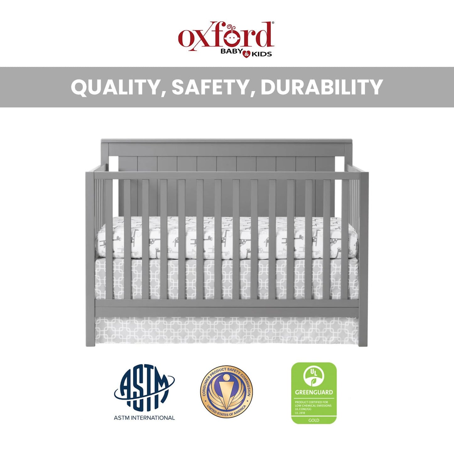 Oxford Baby Lazio 4-In-1 Convertible Crib, Dove Gray, Greenguard Gold Certified