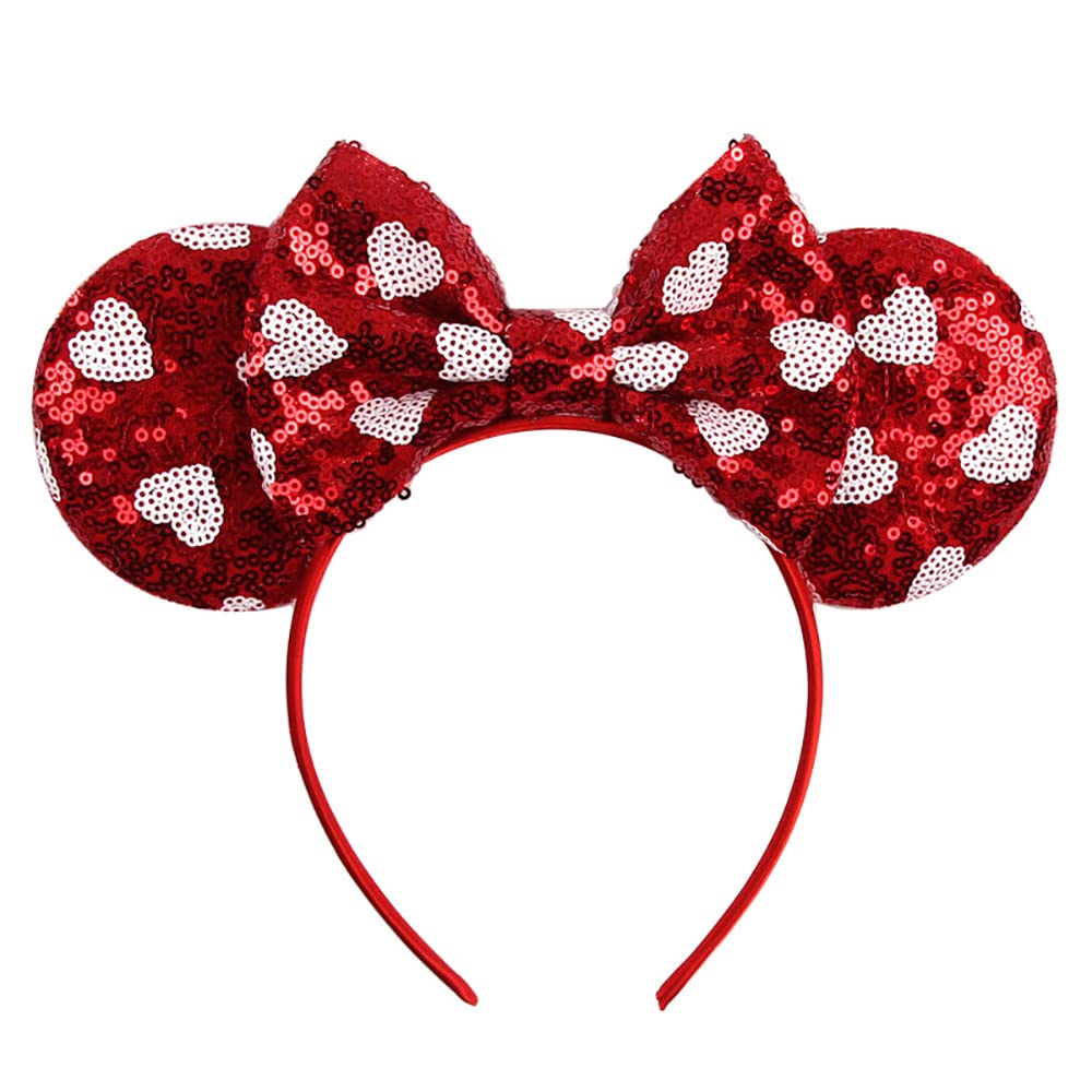 Foeran Mouse Ears Headbands Shiny Bows Mouse Ears Glitter Party Princess Decoration Cosplay Costume For Girls Women (Red Heart D