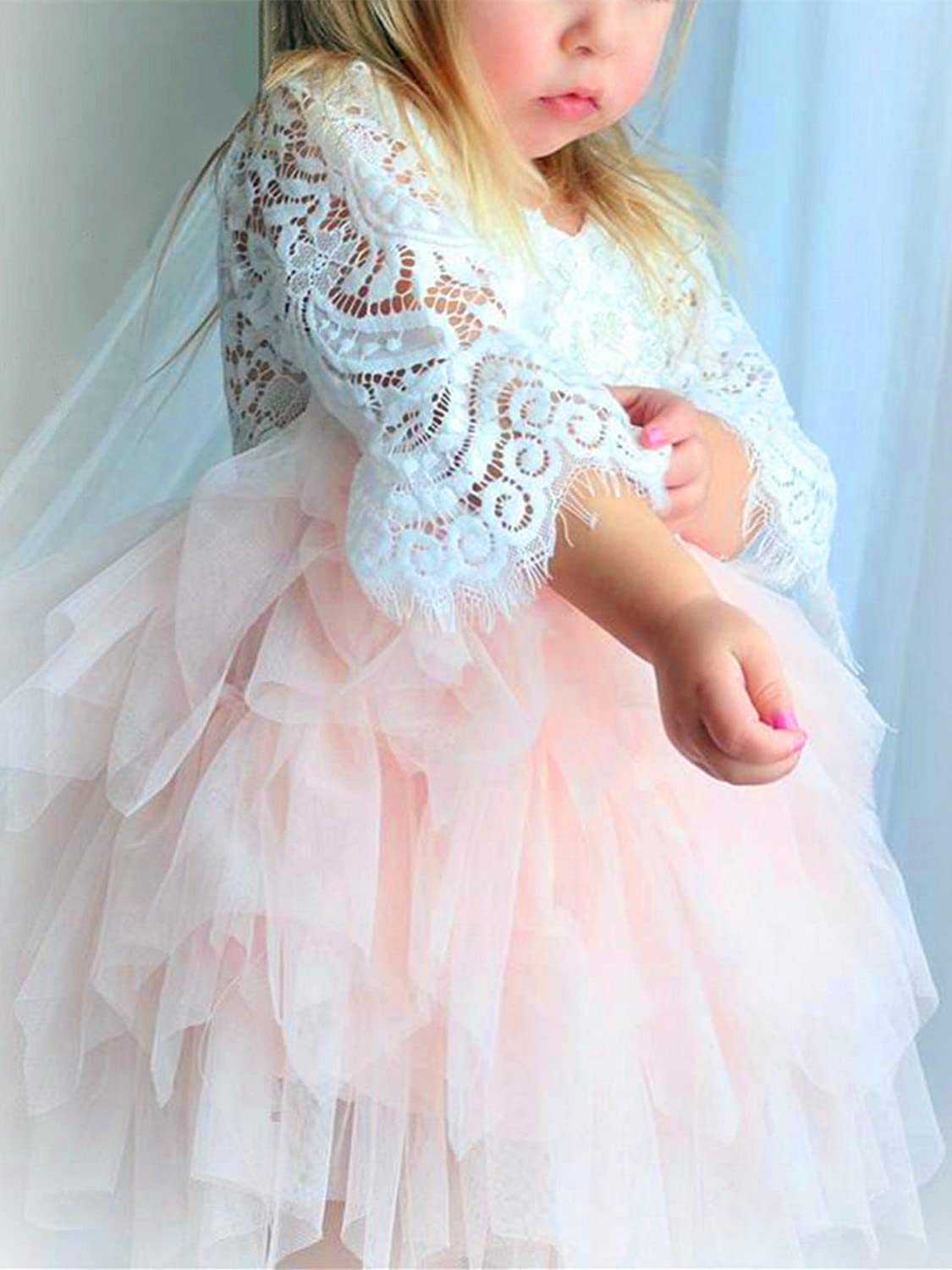 2Bunnies Girl Peony Lace Back A-Line Tiered Tutu Tulle Flower Girl Dress (Pink Bell Sleeve, 12M)
