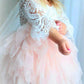 2Bunnies Girl Peony Lace Back A-Line Tiered Tutu Tulle Flower Girl Dress (Pink Bell Sleeve, 6M)