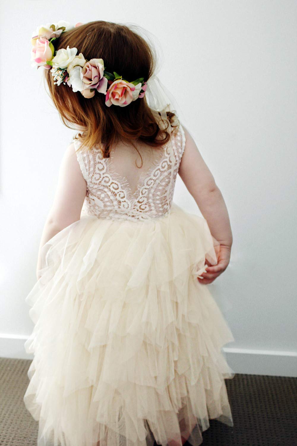2Bunnies Girl Peony Lace Back A-Line Tiered Tutu Tulle Flower Girl Dress (Ivory Sleeveless Maxi, 6)