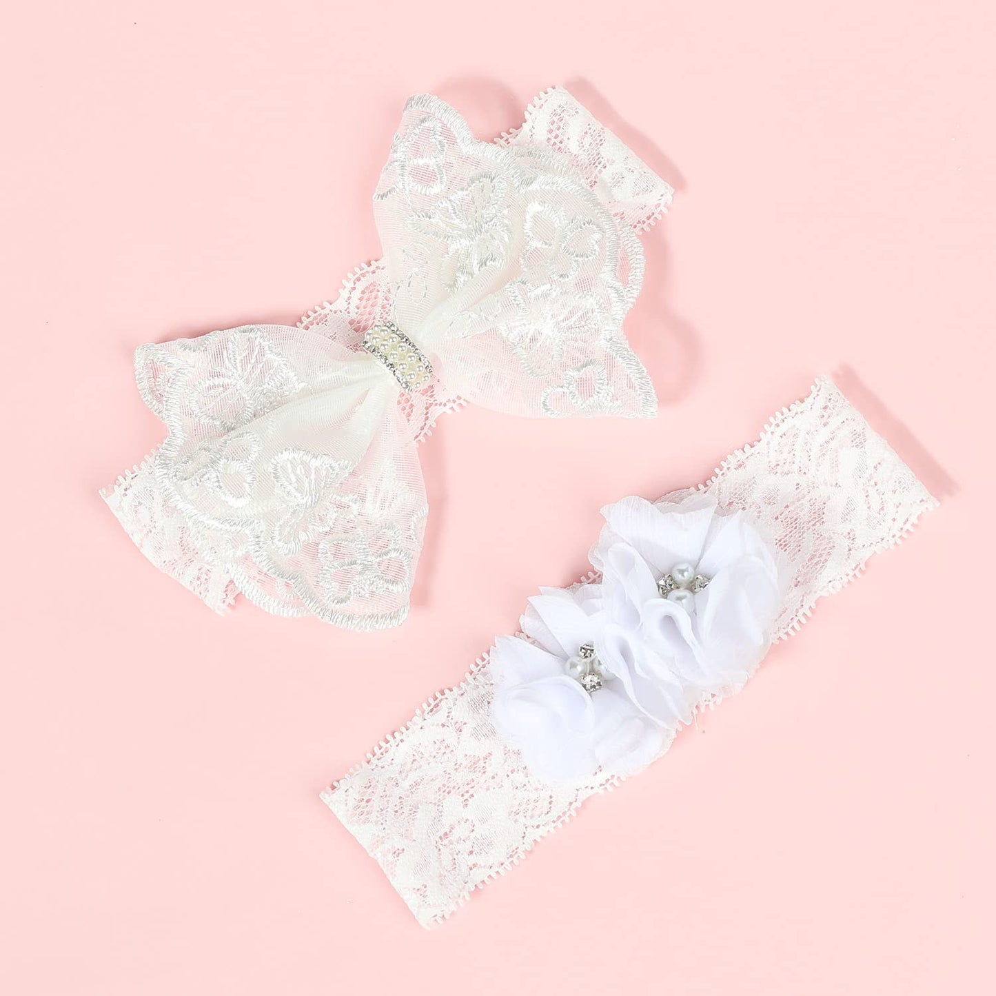 Baby Girls Lace Headband With Double Chiffon Flowers Pearl Hairband Headwrap Ja68 (21-White)