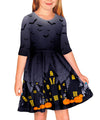 Remimi Halloween Dress For Girls Scary Print 3/4 Sleeve Spooky Twirly Gift Black Midi Dresses 7-8 Years
