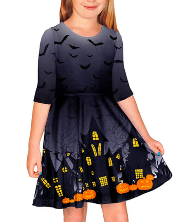 Remimi Halloween Dress For Girls Scary Print 3/4 Sleeve Spooky Twirly Gift Black Midi Dresses 7-8 Years