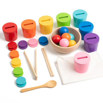 Ball in Cups Toddler Montesssori Toys for 1 Years Old, Rainbow Color Sorting Toy Coin Box Matching Game, Wooden Learning Color f