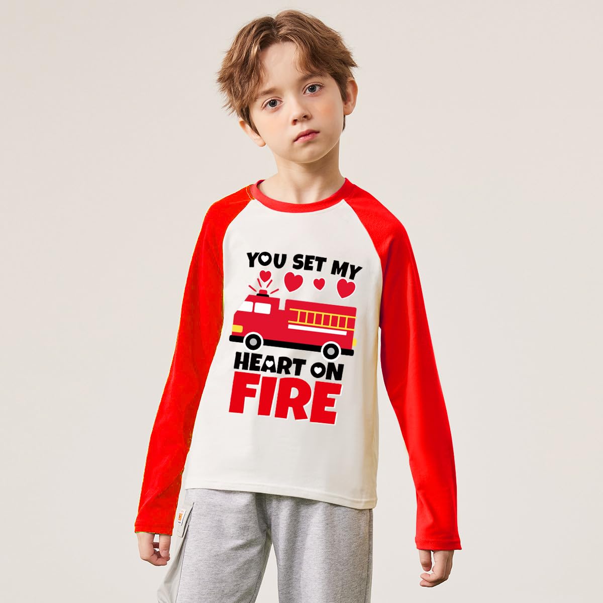 Toddler Boy Girl Valentine'S Day Shirt Fire Truck You Set My Heart On Fire Cotton Long Sleeve Tee Kid Boy Top 10 Years