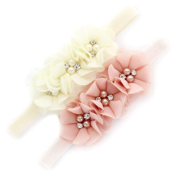 My Lello Girls Flower Headbands Toddler Fabric Beaded Trio Stretchy Elastic Pair (Pink Blush/Ivory)