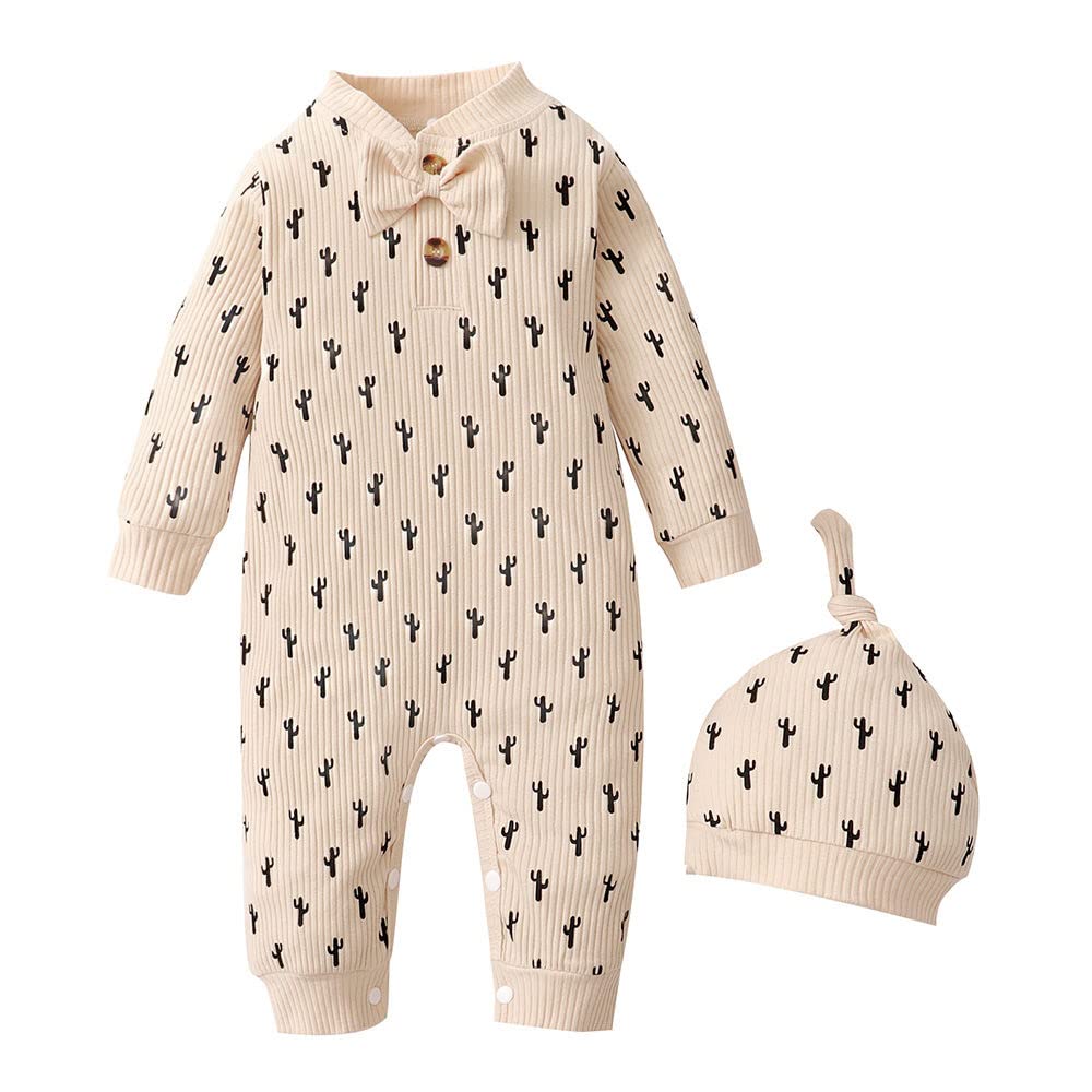 Hopscotch Baby Boys And Baby Girls Cotton And Polyester FullSleeve AllOver Print Bodysuit With Cap In Beige Color For Ages 12