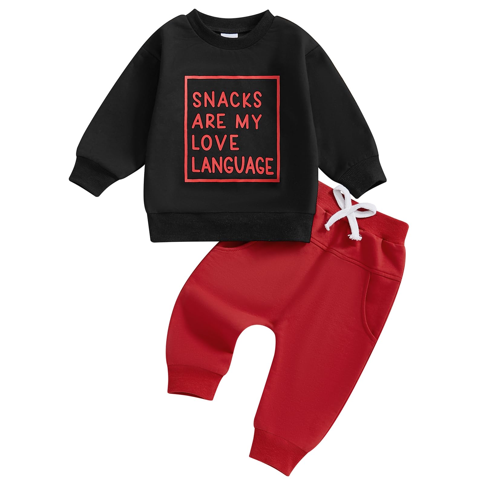 Baby Boy Fall Clothes Set Long Sleeve Letter Print Sweatshirt Pants Valentines Day Outfits 6 12 18 24 Months 2T (Snacks Black, 1