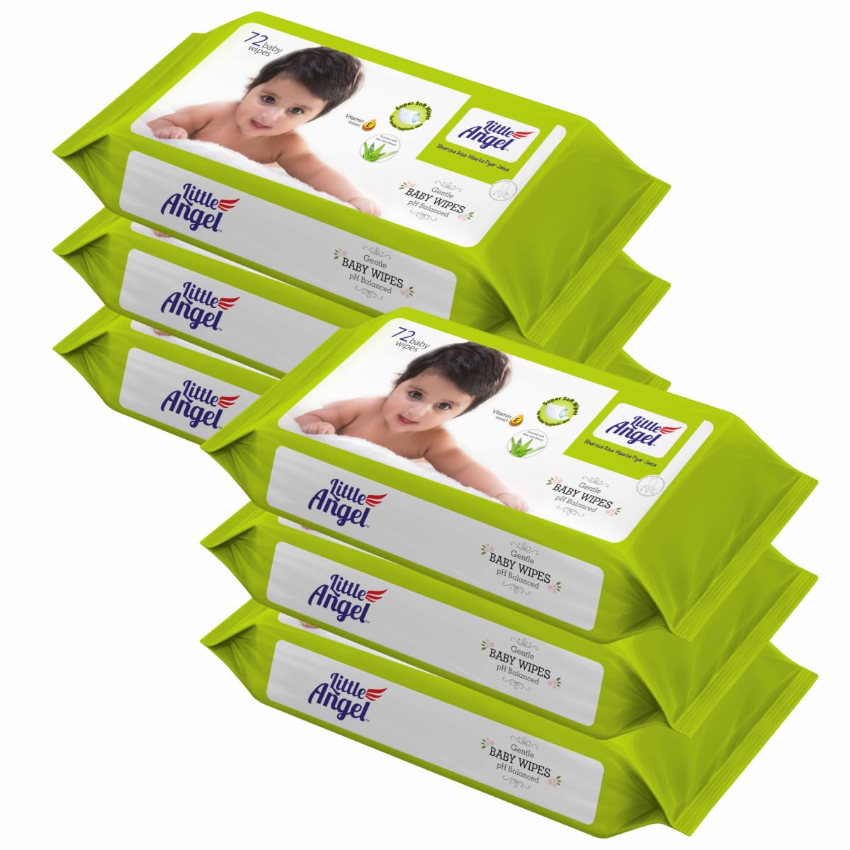 Little Angel Gentle Soft Cleansing Baby Wipes 432 Count With Aloevera & Vitamin E, Combo Pack Of 6, 72 Count/Pack