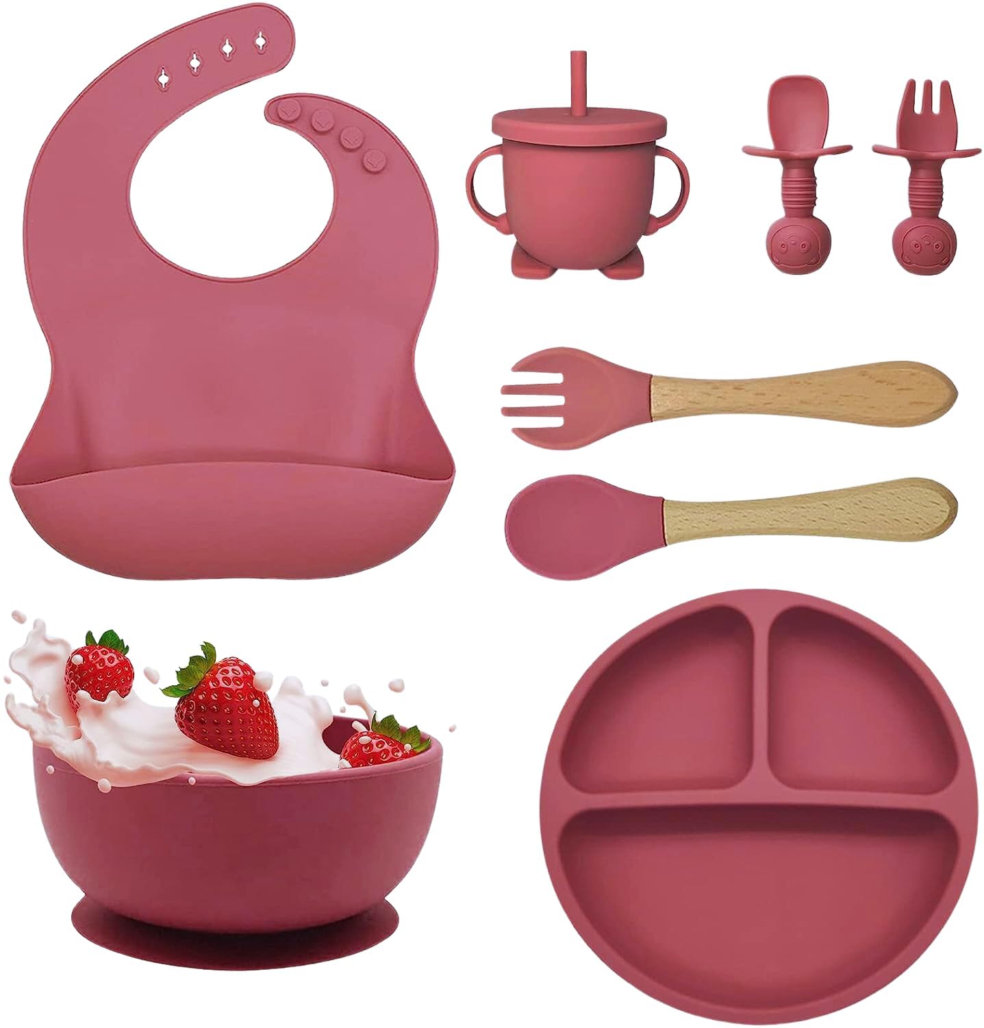 Zollyss Baby Feeding Set, 8Piece Silicone Dinnerware, FoodGrade Materials, Adjustable Bib With Catcher, Suitable For 6+ Months