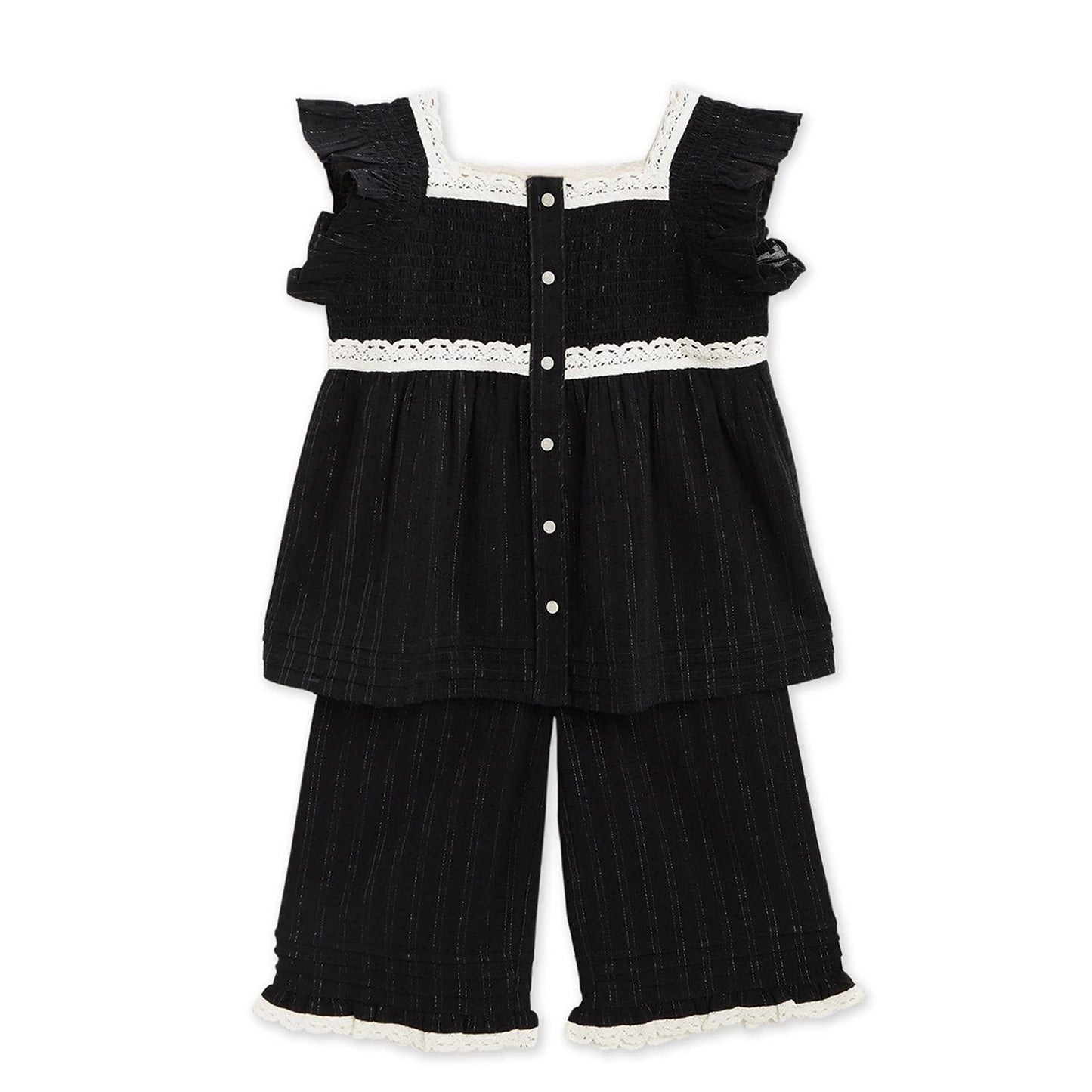 Cherry Crumble Black Solid 100% Cotton Short Sleeves Square Neck Night Wear Regular Fit Lace Summer Nightsuit for Girls