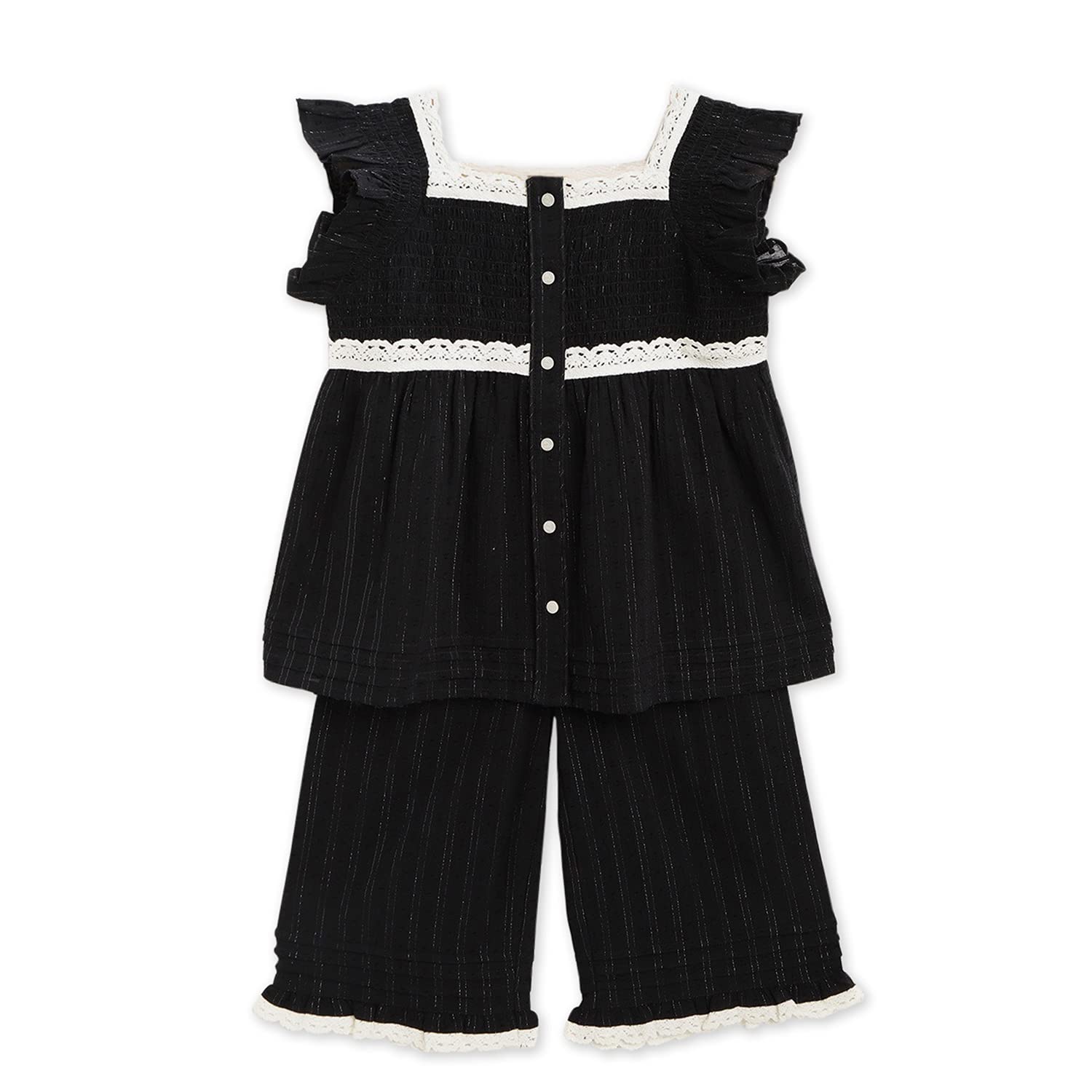Cherry Crumble Black Solid 100% Cotton Short Sleeves Square Neck Night Wear Regular Fit Lace Summer Nightsuit for Girls