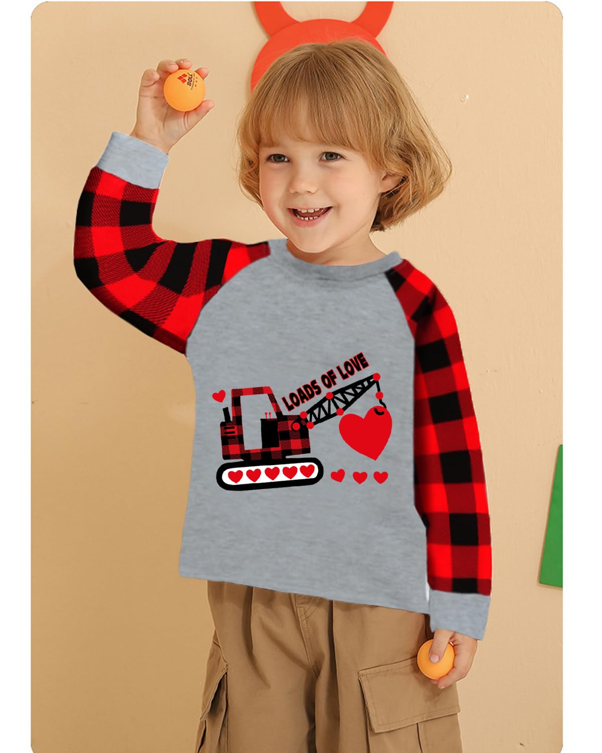 Valentine'S Day Shirt For Toddler Boy Girl Clothes Heart Crane Truck Outfits Buffalo Red Plaid Raglan Sleeve Kids Tee Tops 6T